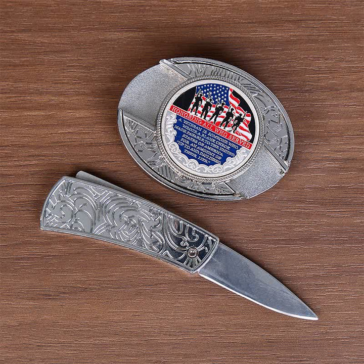 Couteau pliant dissimulé à faire soi-même avec citation patriotique et boucle drapeau - Ceinture en cuir - image 1