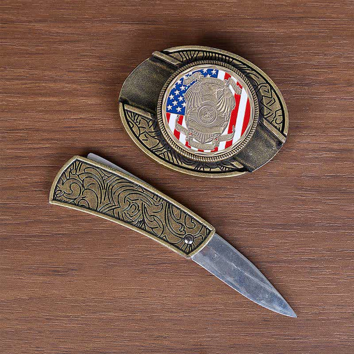 Hommage aux officiers tombés au combat : couteau pliant dissimulé à faire soi-même, ceinture en cuir avec boucle drapeau, couteau pliant caché à monter soi-même - image 1
