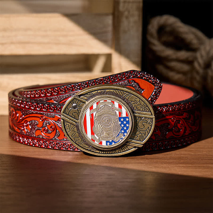 Hommage aux officiers tombés au combat : couteau pliant dissimulé à faire soi-même, ceinture en cuir avec boucle drapeau, couteau pliant caché à monter soi-même - Hommage aux officiers tombés au combat - Ceinture sculptée marron - 42 - image 6
