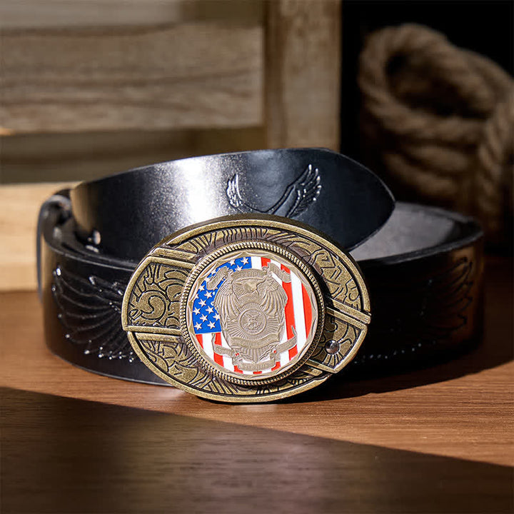 Hommage aux officiers tombés au combat : couteau pliant dissimulé à faire soi-même, ceinture en cuir avec boucle drapeau, couteau pliant caché à monter soi-même - Hommage aux officiers tombés au combat - Ceinture noire à motif aigle en relief - 42 - image 2