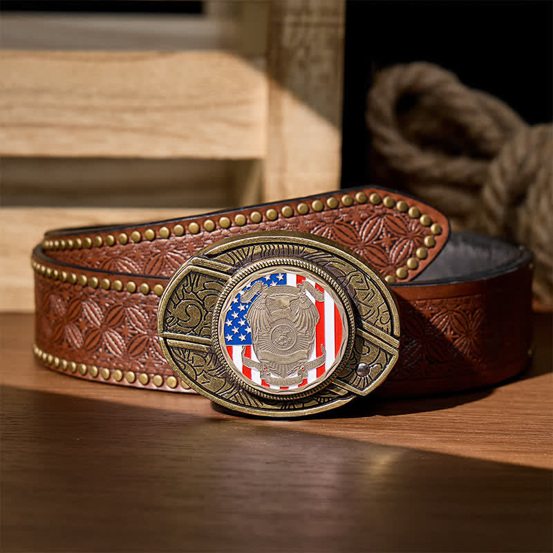 Hommage aux officiers tombés au combat : couteau pliant dissimulé à faire soi-même, ceinture en cuir avec boucle drapeau, couteau pliant caché à monter soi-même - Hommage aux officiers tombés au combat - Ceinture à rivets marron - 42 - image 4