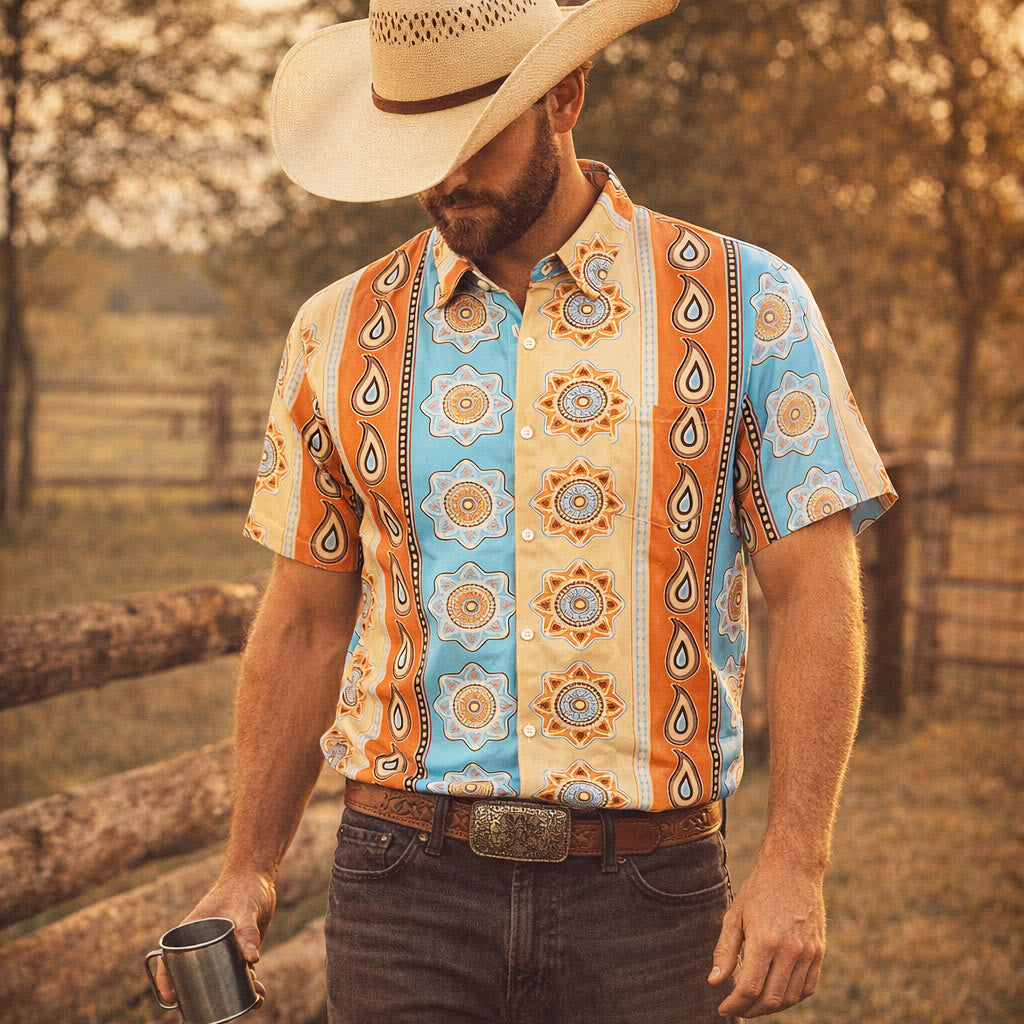 Chemise à manches courtes boutonnée à imprimé western vintage pour homme - Orange - 3XL - image 0