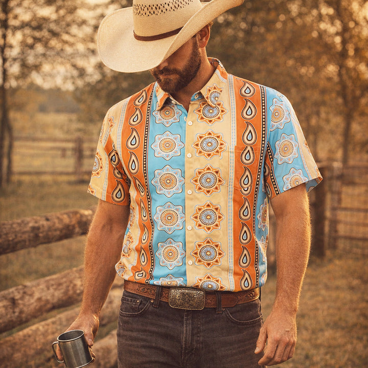 Chemise à manches courtes boutonnée à imprimé western vintage pour homme - Orange - 3XL - image 0