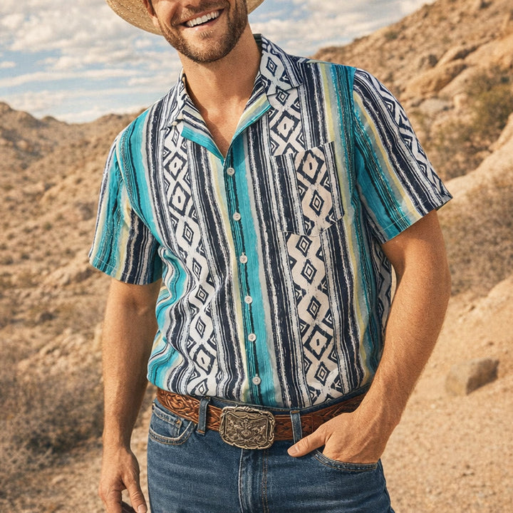 Chemise à manches courtes boutonnée à rayures pour homme, style décontracté d'été - Bleu - 3XL - image 0