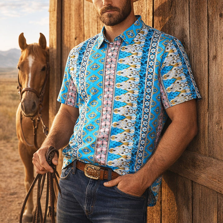 Chemise à manches courtes pour homme, imprimé western graphique d'été - Bleu - 4XL - image 0