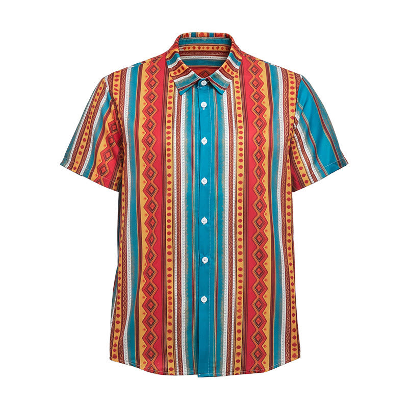 Chemise décontractée à manches courtes pour homme, style western rétro à rayures géométriques - image 8