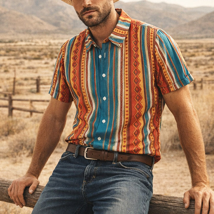 Chemise décontractée à manches courtes pour homme, style western rétro à rayures géométriques - Orange - 4XL - image 0