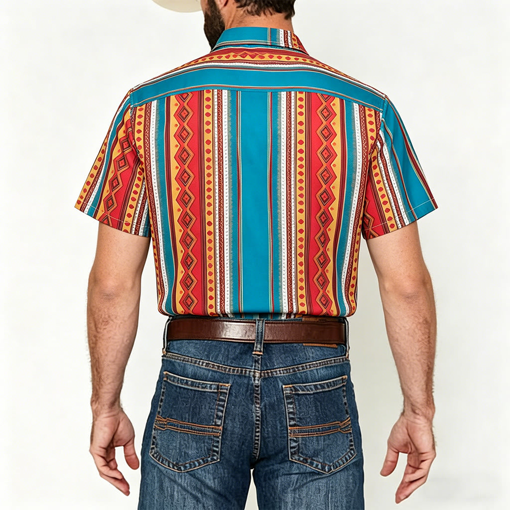 Chemise décontractée à manches courtes pour homme, style western rétro à rayures géométriques - image 2