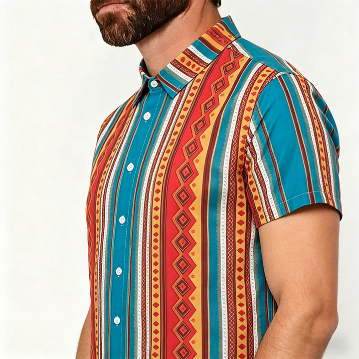 Chemise décontractée à manches courtes pour homme, style western rétro à rayures géométriques - image 3