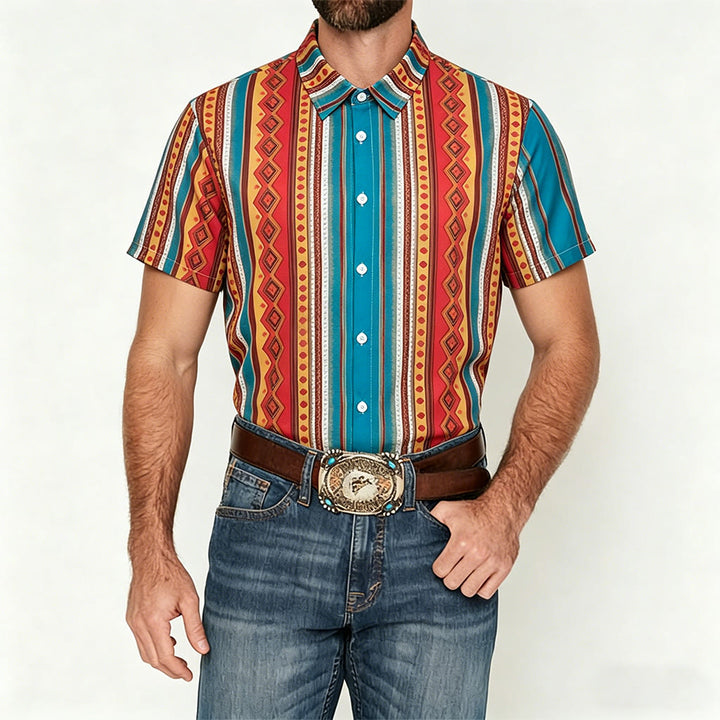 Chemise décontractée à manches courtes pour homme, style western rétro à rayures géométriques - image 1