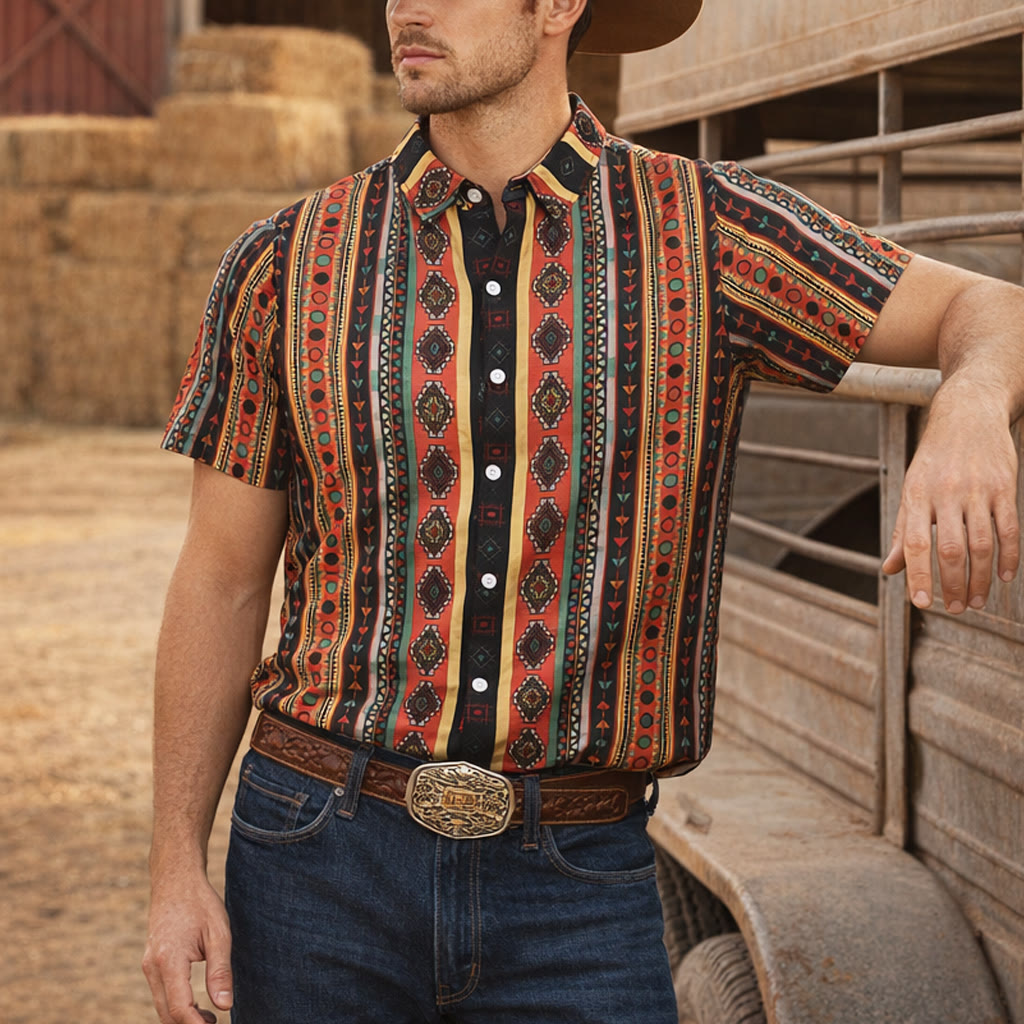 Chemise décontractée à manches courtes pour homme, imprimé rayures tribales western - image 0