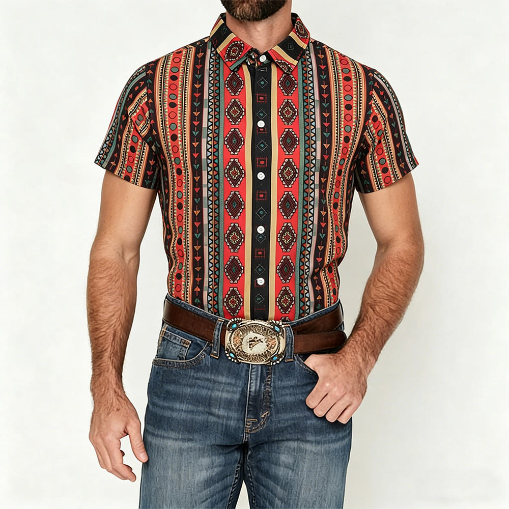 Chemise décontractée à manches courtes pour homme, imprimé rayures tribales western - image 1