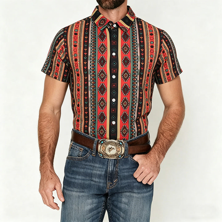 Chemise décontractée à manches courtes pour homme, imprimé rayures tribales western - image 1