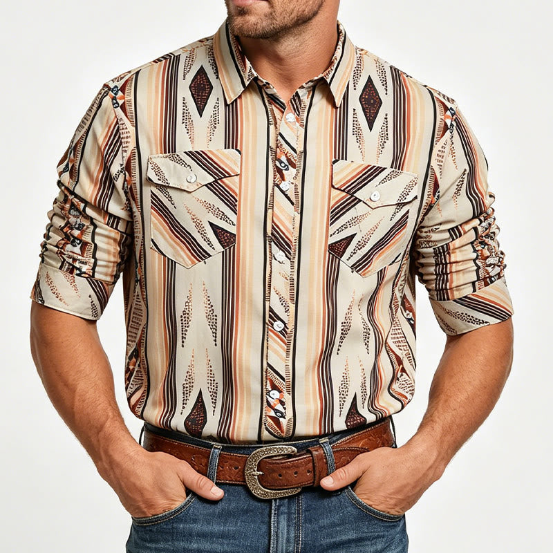 Chemise d'été pour homme à rayures géométriques western, manches longues et boutons - image 1