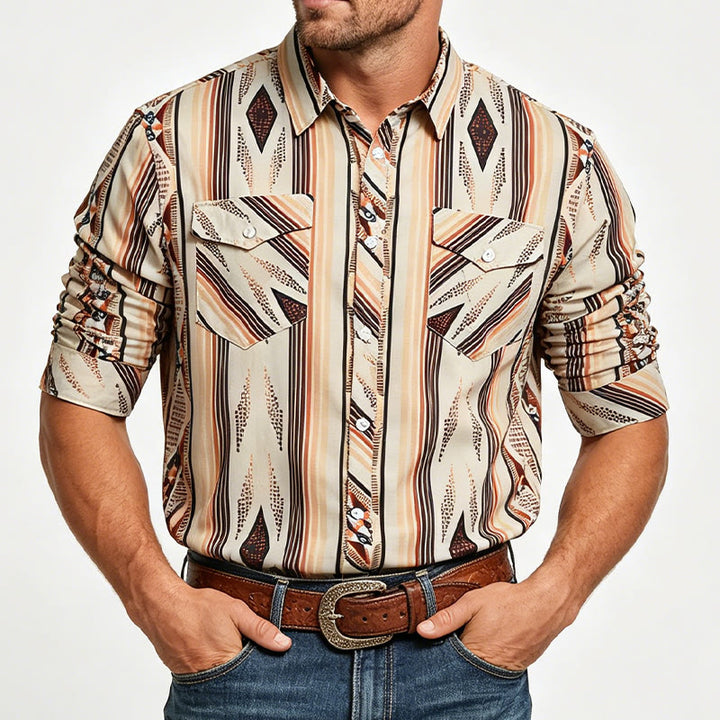 Chemise d'été pour homme à rayures géométriques western, manches longues et boutons - image 1