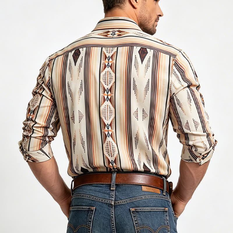 Chemise d'été pour homme à rayures géométriques western, manches longues et boutons - image 2