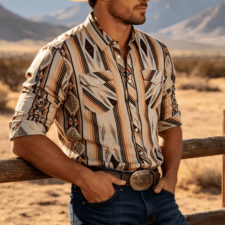 Chemise d'été pour homme à rayures géométriques western, manches longues et boutons - Beige - 3XL - image 0
