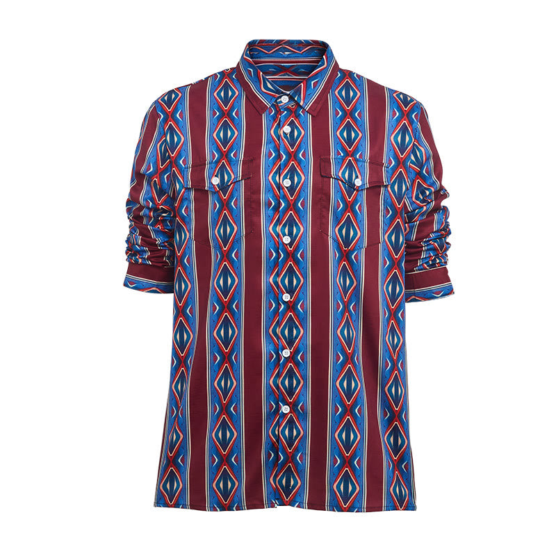 Chemise décontractée à manches longues pour homme, style cowboy rétro, rayures rouges et bleues - image 8