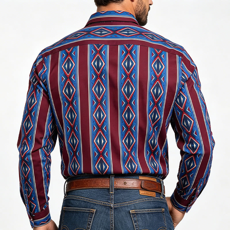 Chemise décontractée à manches longues pour homme, style cowboy rétro, rayures rouges et bleues - image 2