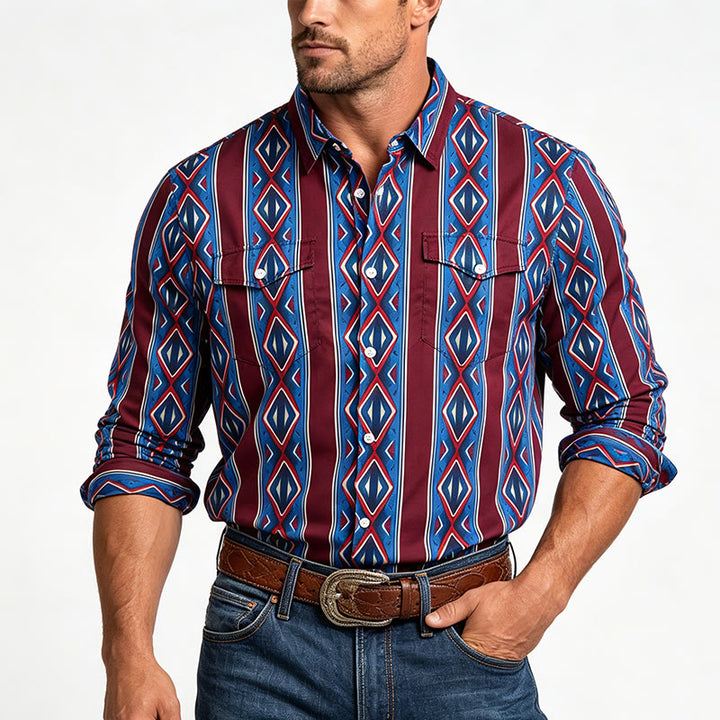 Chemise décontractée à manches longues pour homme, style cowboy rétro, rayures rouges et bleues - image 1