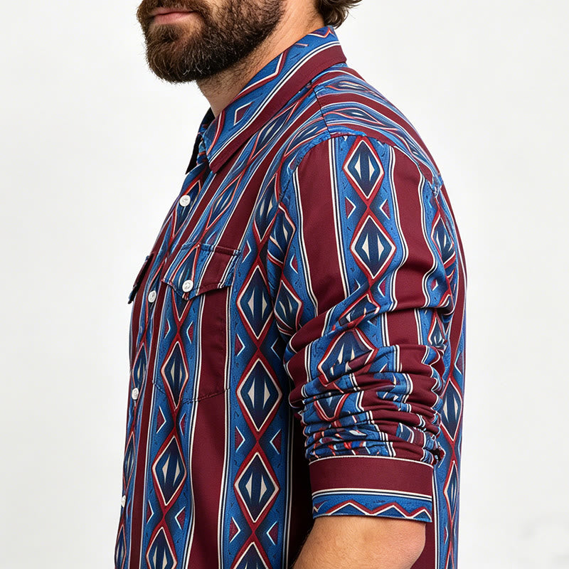 Chemise décontractée à manches longues pour homme, style cowboy rétro, rayures rouges et bleues - image 3