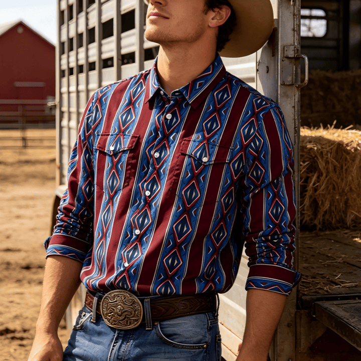 Chemise décontractée à manches longues pour homme, style cowboy rétro, rayures rouges et bleues - image 0