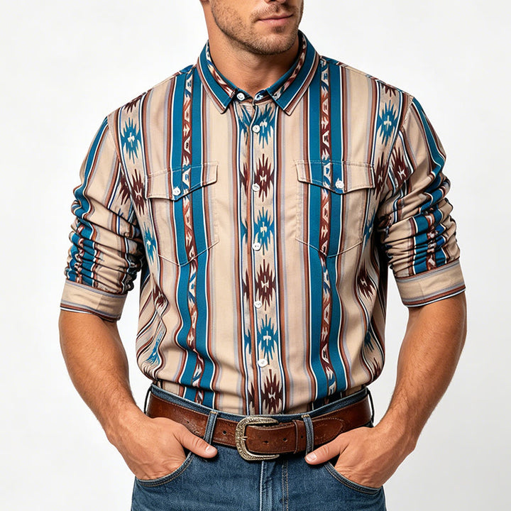 Chemise décontractée à manches longues pour homme, imprimé rayures western vintage - image 1
