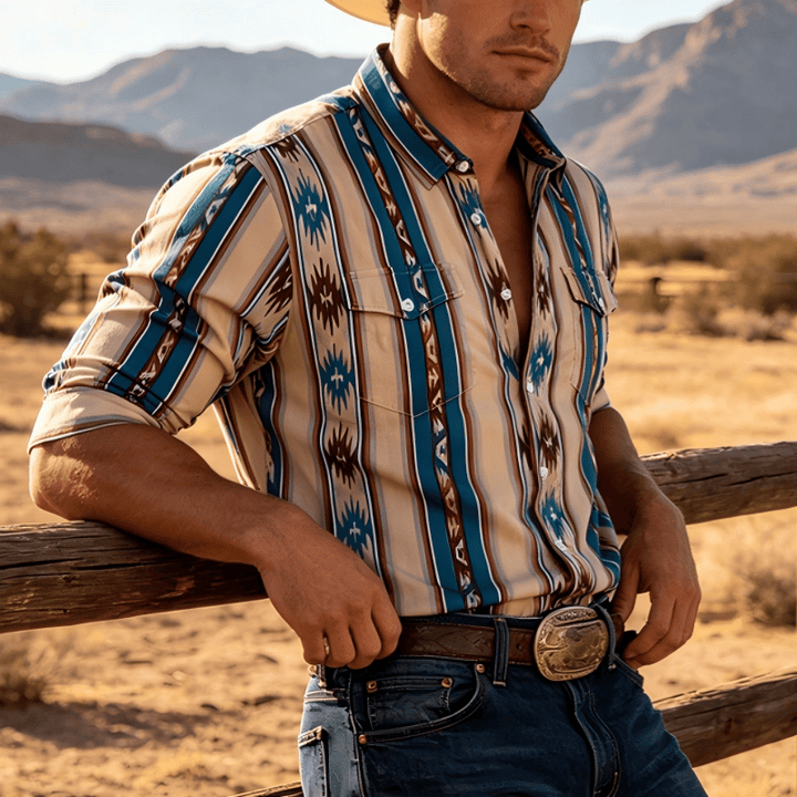 Chemise décontractée à manches longues pour homme, imprimé rayures western vintage - image 0
