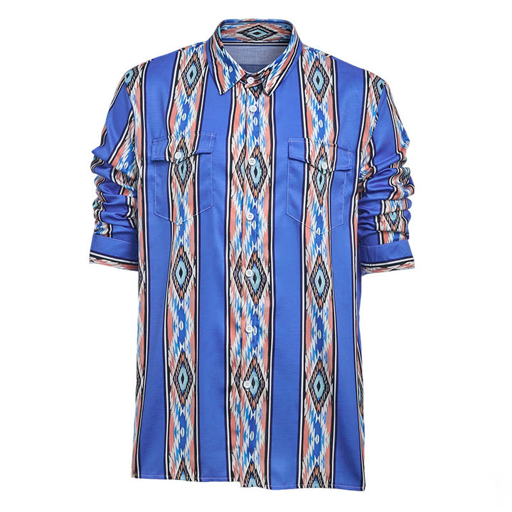Chemise à manches longues boutonnée à rayures bleues ethniques western pour homme - image 9