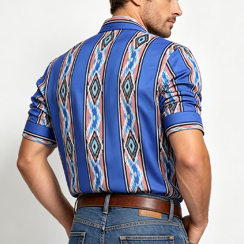 Chemise à manches longues boutonnée à rayures bleues ethniques western pour homme - image 2