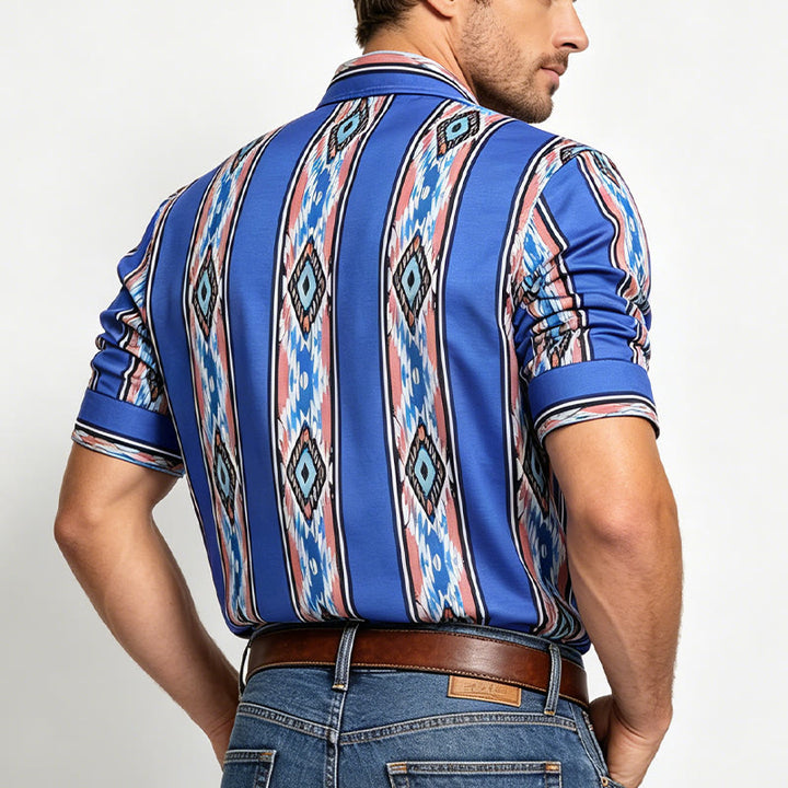 Chemise à manches longues boutonnée à rayures bleues ethniques western pour homme - image 2