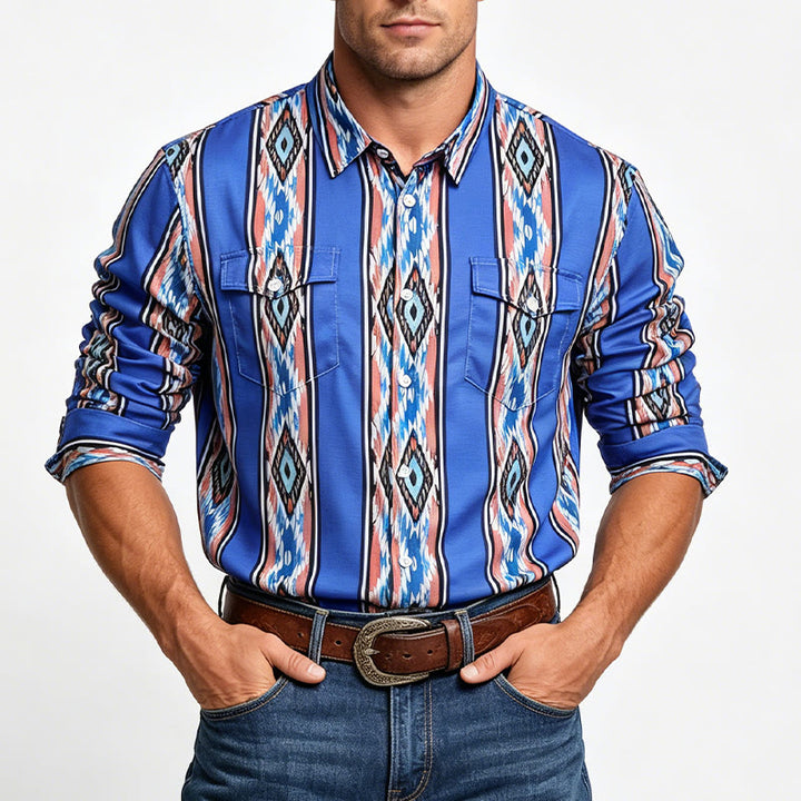 Chemise à manches longues boutonnée à rayures bleues ethniques western pour homme - image 1