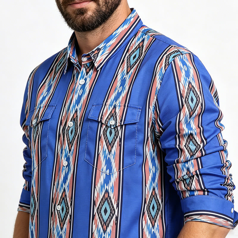 Chemise à manches longues boutonnée à rayures bleues ethniques western pour homme - image 3