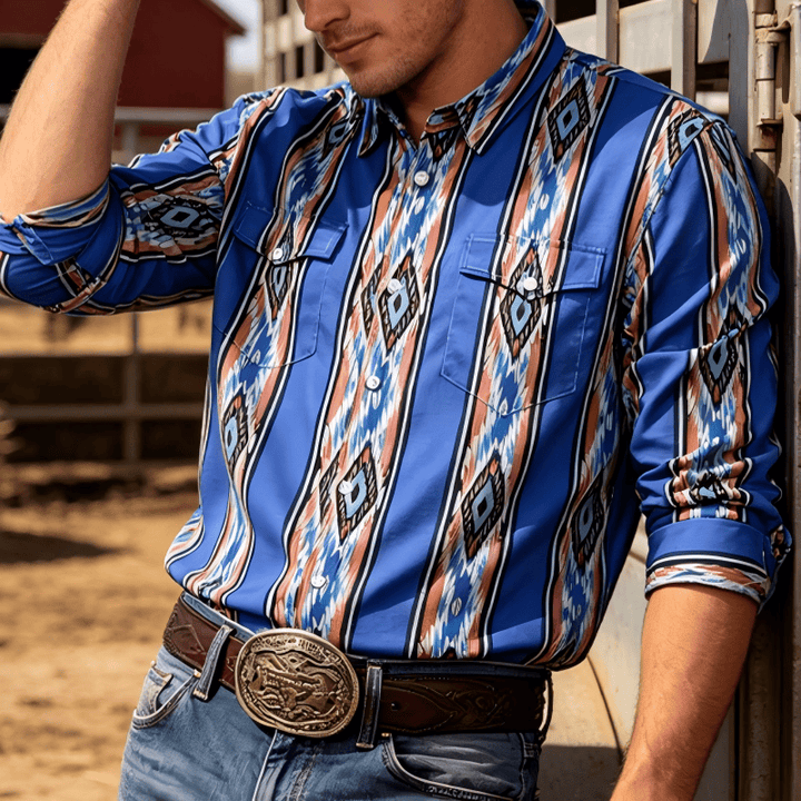 Chemise à manches longues boutonnée à rayures bleues ethniques western pour homme - Bleu - 3XL - image 0