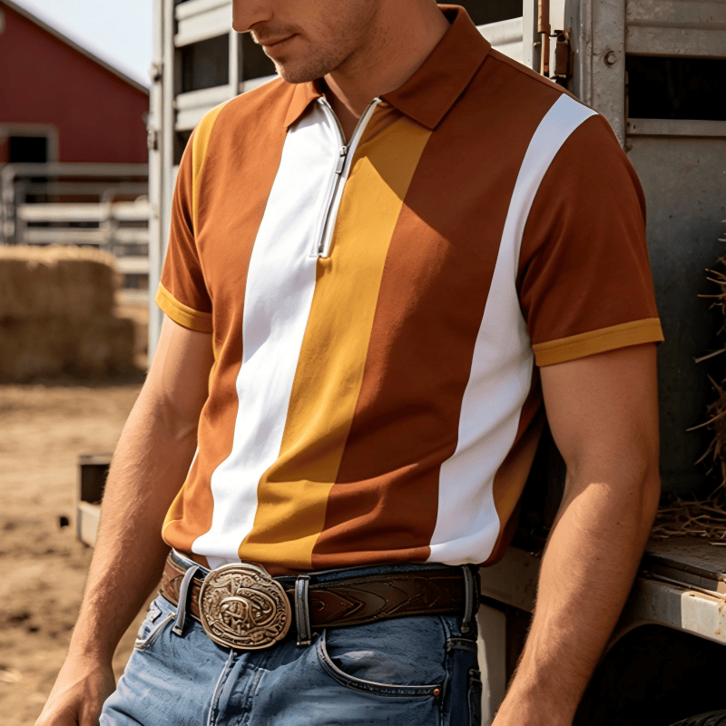 Polo à manches courtes en maille à rayures verticales vintage pour homme - Orange - 5XL - image 8