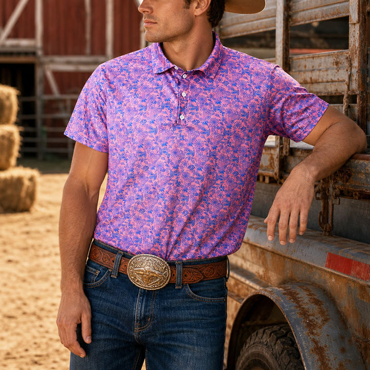 Polo à manches courtes pour homme, imprimé floral rose et bleu - Rose - 5XL - image 0