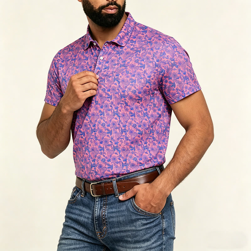 Polo à manches courtes pour homme, imprimé floral rose et bleu - image 3