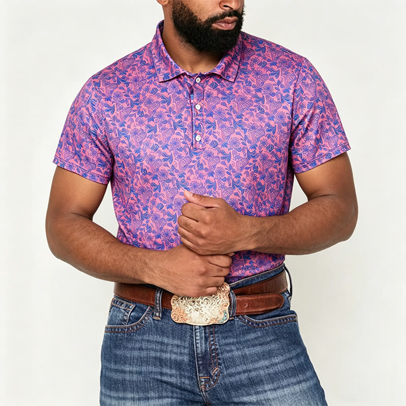 Polo à manches courtes pour homme, imprimé floral rose et bleu - image 1