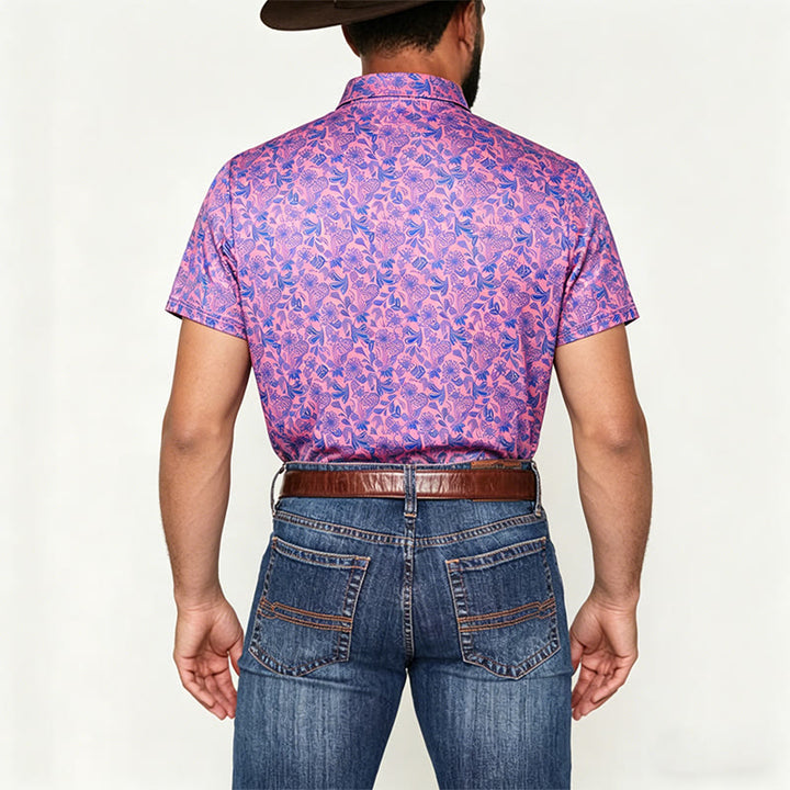 Polo à manches courtes pour homme, imprimé floral rose et bleu - image 2