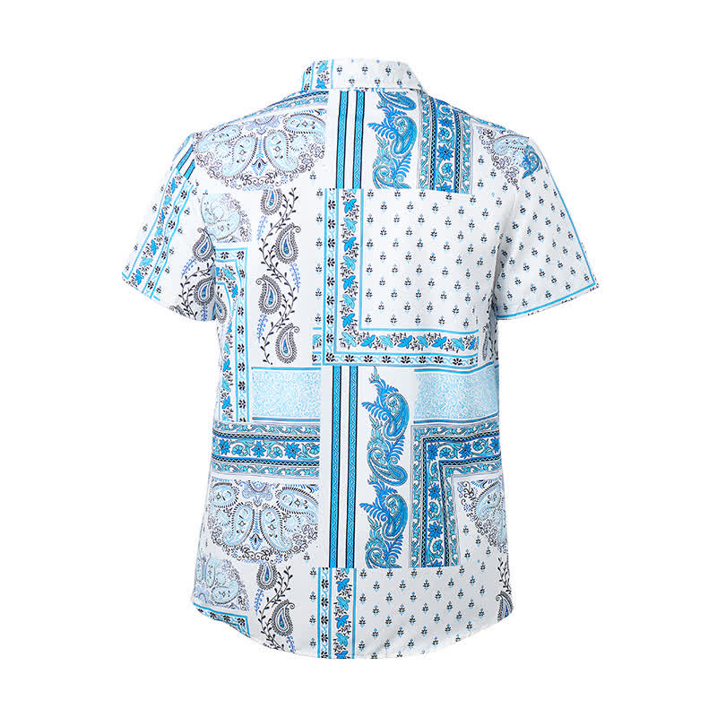 Chemise vintage pour homme, bleue et blanche, patchwork à motifs cachemire - image 9