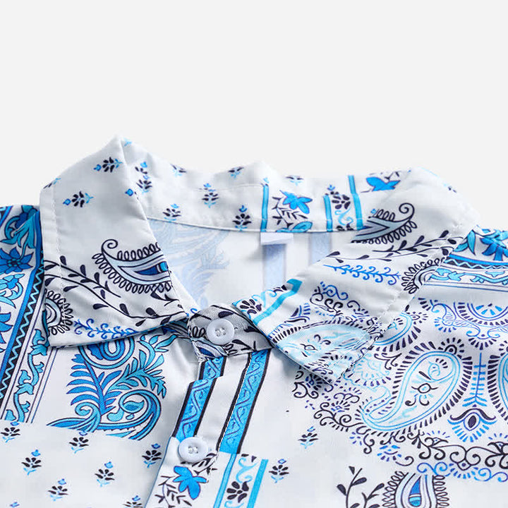 Chemise vintage pour homme, bleue et blanche, patchwork à motifs cachemire - image 4