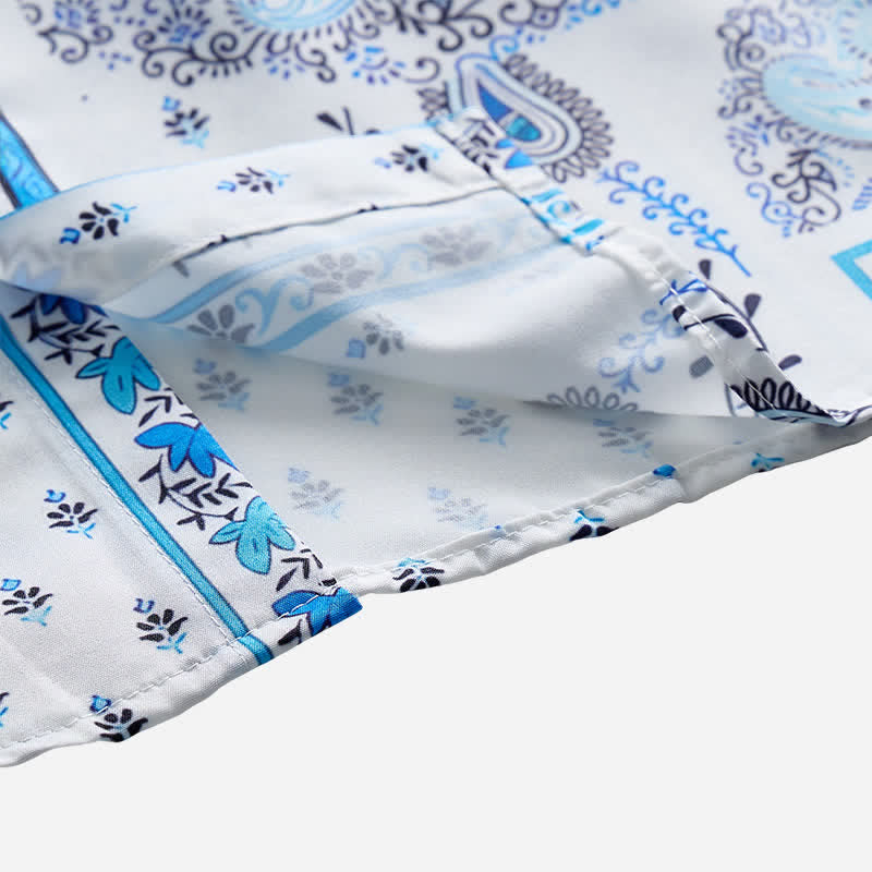 Chemise vintage pour homme, bleue et blanche, patchwork à motifs cachemire - image 6