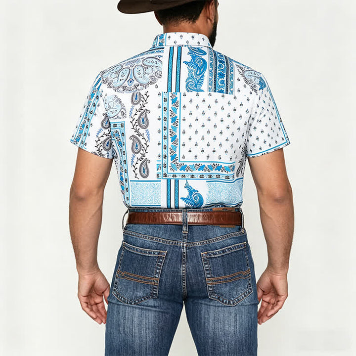 Chemise vintage pour homme, bleue et blanche, patchwork à motifs cachemire - image 2