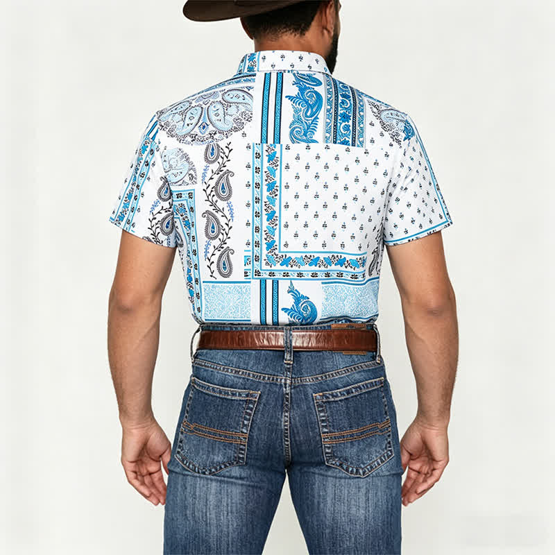 Chemise vintage pour homme, bleue et blanche, patchwork à motifs cachemire - image 2
