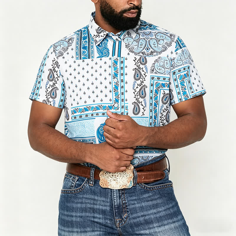 Chemise vintage pour homme, bleue et blanche, patchwork à motifs cachemire - image 1