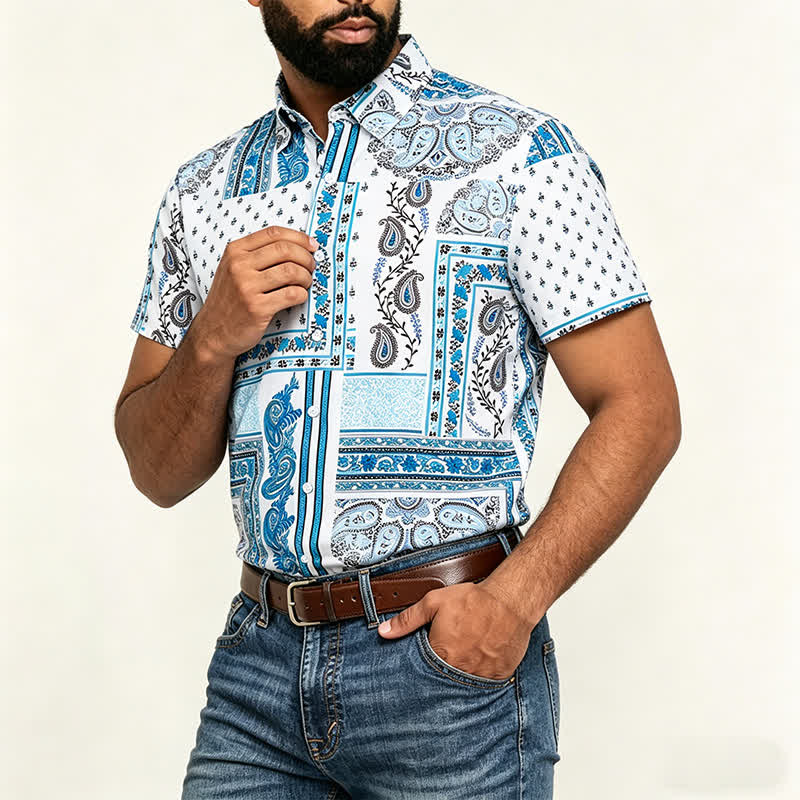 Chemise vintage pour homme, bleue et blanche, patchwork à motifs cachemire - image 3