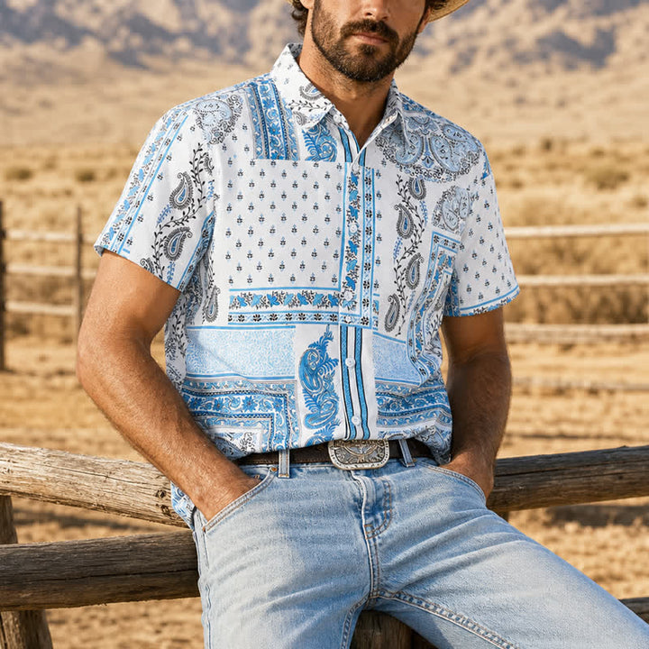 Chemise vintage pour homme, bleue et blanche, patchwork à motifs cachemire - Bleu et blanc - 5XL - image 0