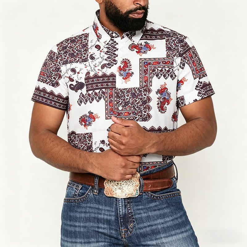 Chemise homme marron foncé et blanche à motif cachemire tribal - image 1