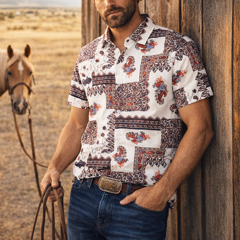 Chemise homme marron foncé et blanche à motif cachemire tribal - Brun foncé et blanc - 5XL - image 0