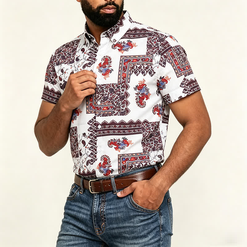 Chemise homme marron foncé et blanche à motif cachemire tribal - image 3